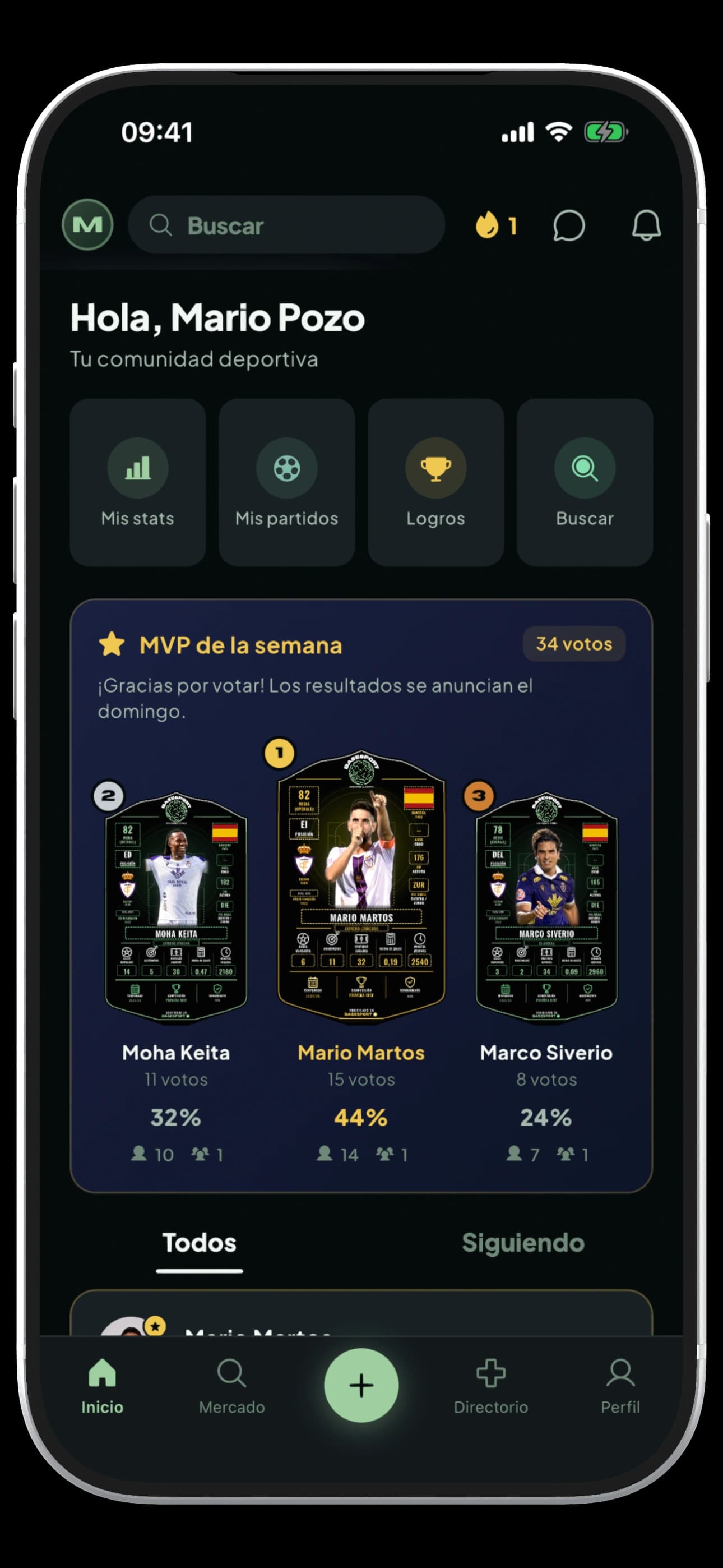 Comunidad: Publicaciones y el podio del MVP semanal con las cartas de los jugadores.